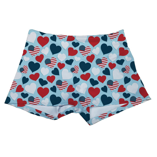 Performance Booty Shorts  - Red, White, and Blue Hearts